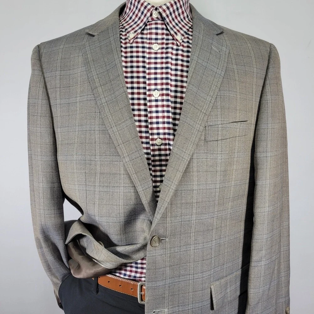 Joseph Feiss Men's Sport Coat Blazer Two Button Brown Plaid‎ Wool Classic 46R